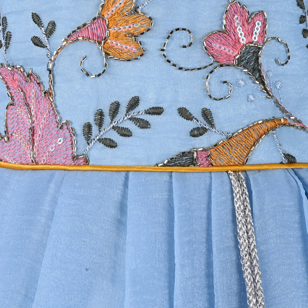 Girls Chiffon Embroidered Gown with Full Sleeves & Tassel Detail | Elegant Kids Party Wear