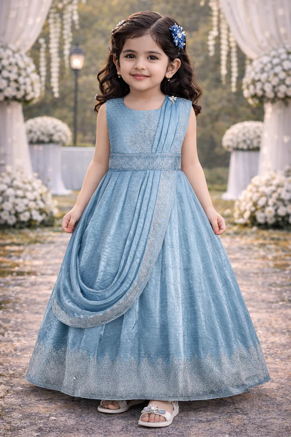 Girls Satin Ethnic Gown with Dupatta & Embellished Design | Elegant Kids Festive Wear