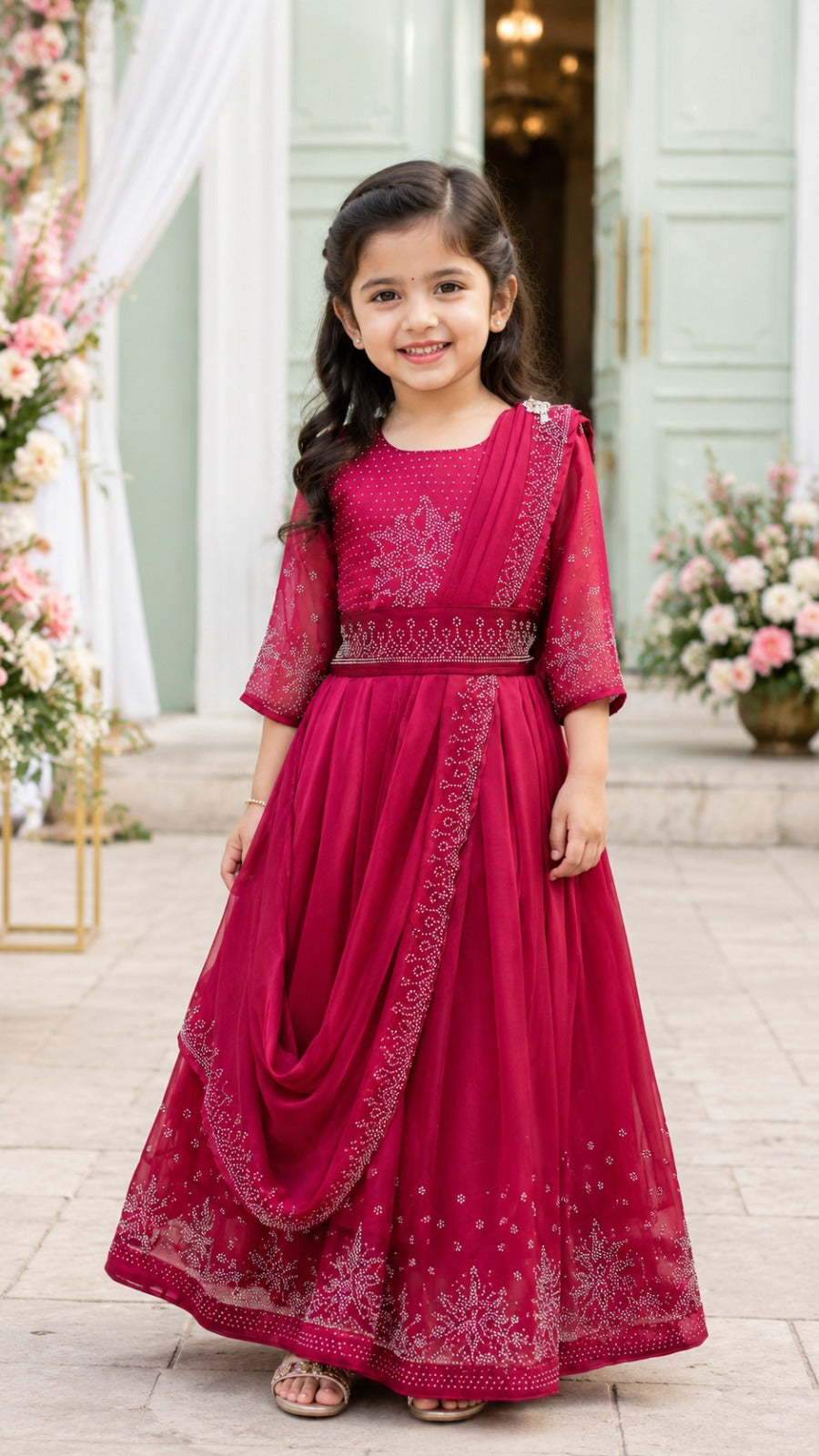 Girls Korean Satin Ethnic Party Wear Gown with Drape Detail