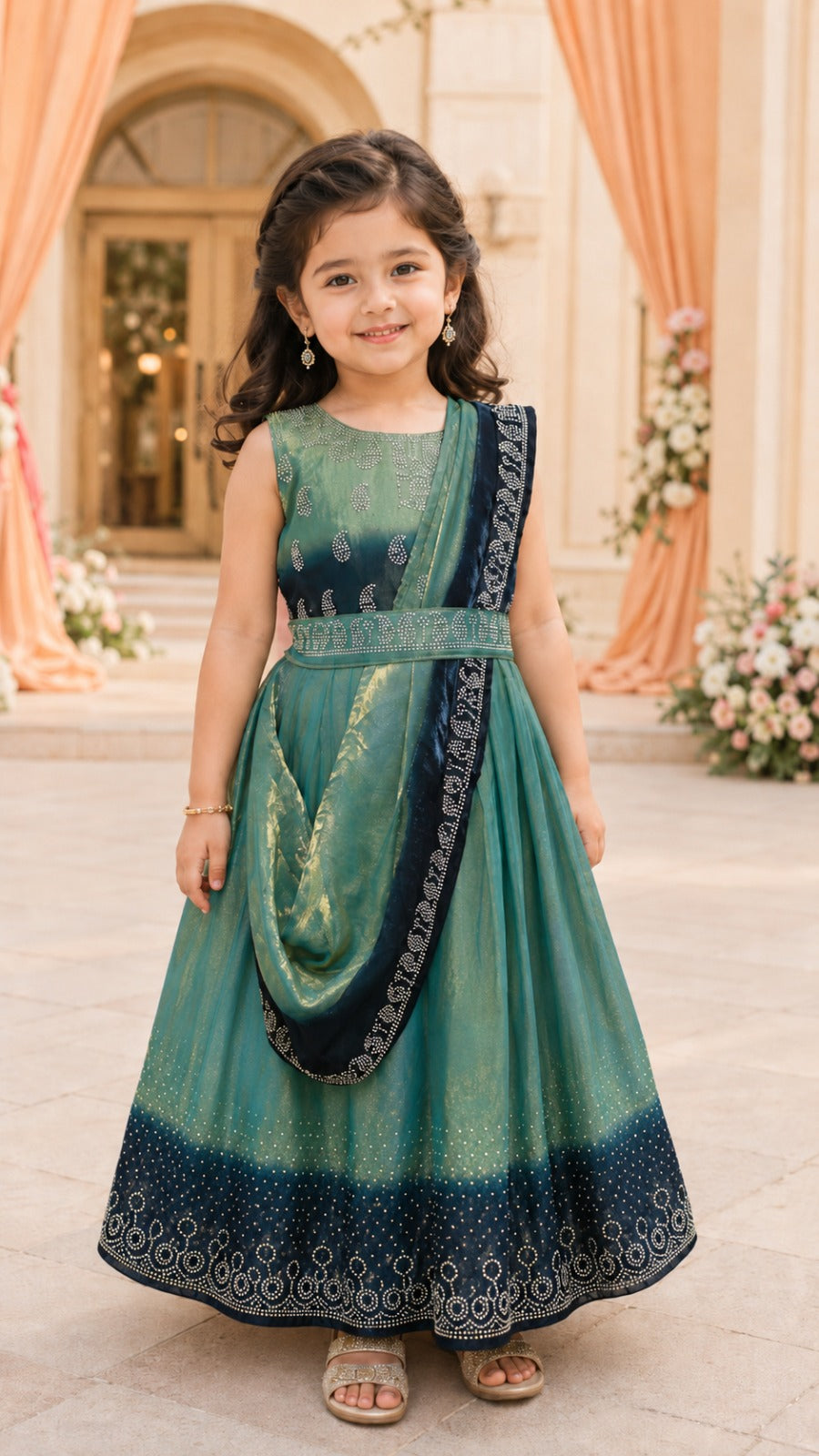 Girls Korean Satin Ethnic Party Wear Gown with Drape Detail