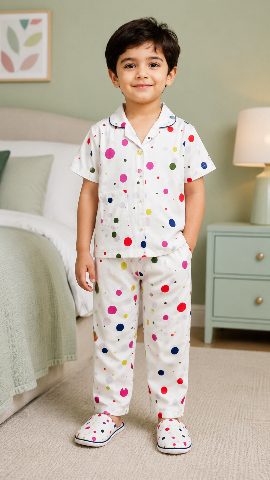 Boys White Polka Dot Cotton Night Suit Set