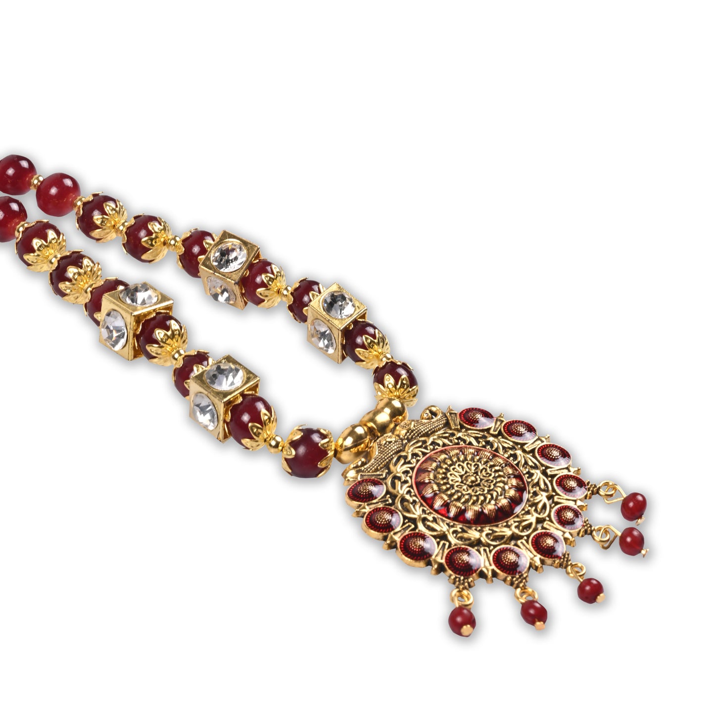 Traditional Maroon Beaded Temple Necklace Set with Antique Round Pendant