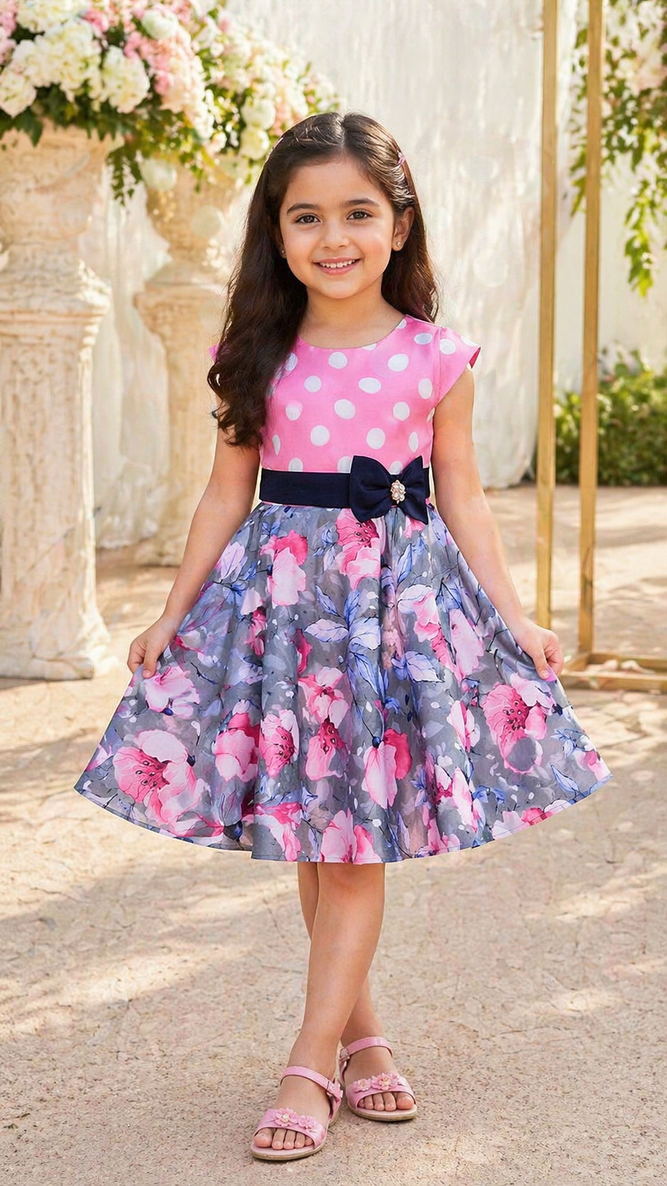 Girls Polka Dots Printed Bow Fit and Flare Dress