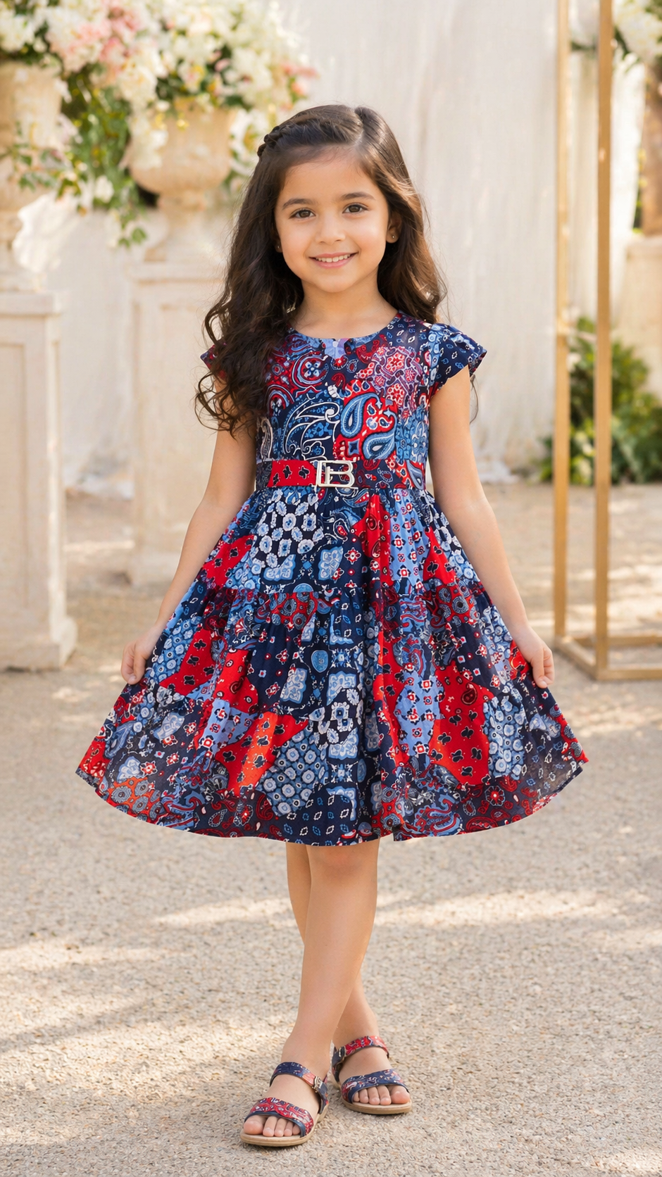 Grey and Red Short Sleeve Printed Dress