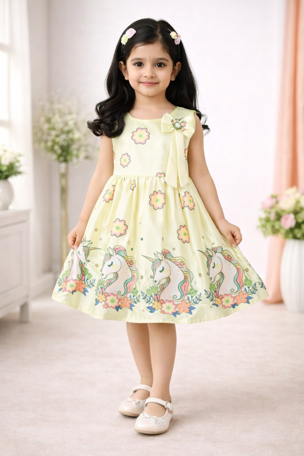 Girls Printed Satin Party Frock with Bow Detail