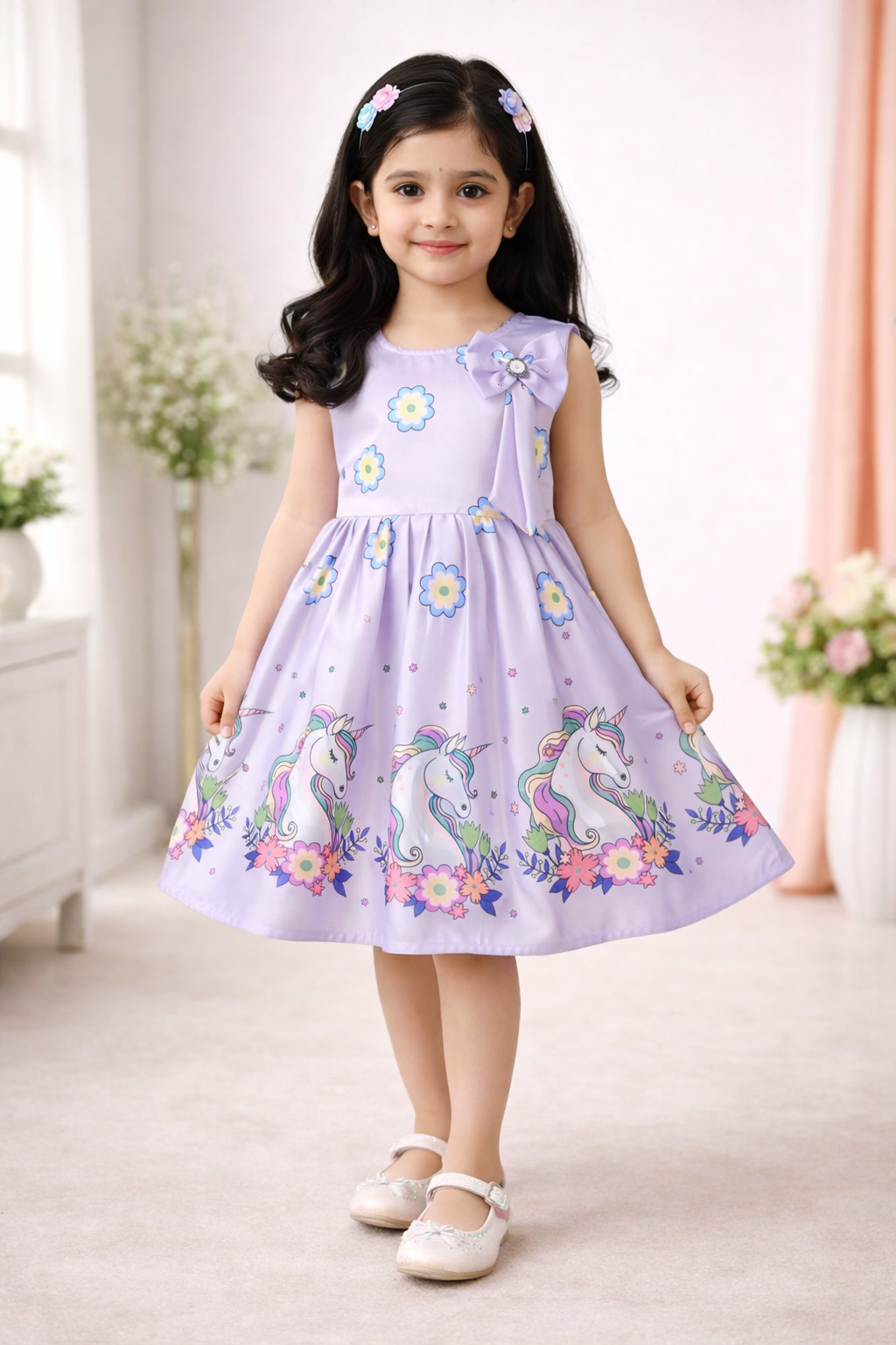 Girls Printed Satin Party Frock with Bow Detail