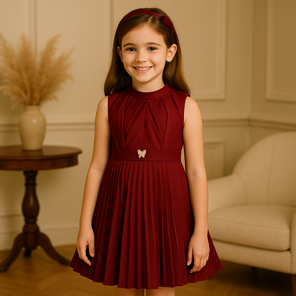 Girls Maroon Pleated A-Line Frock Dress