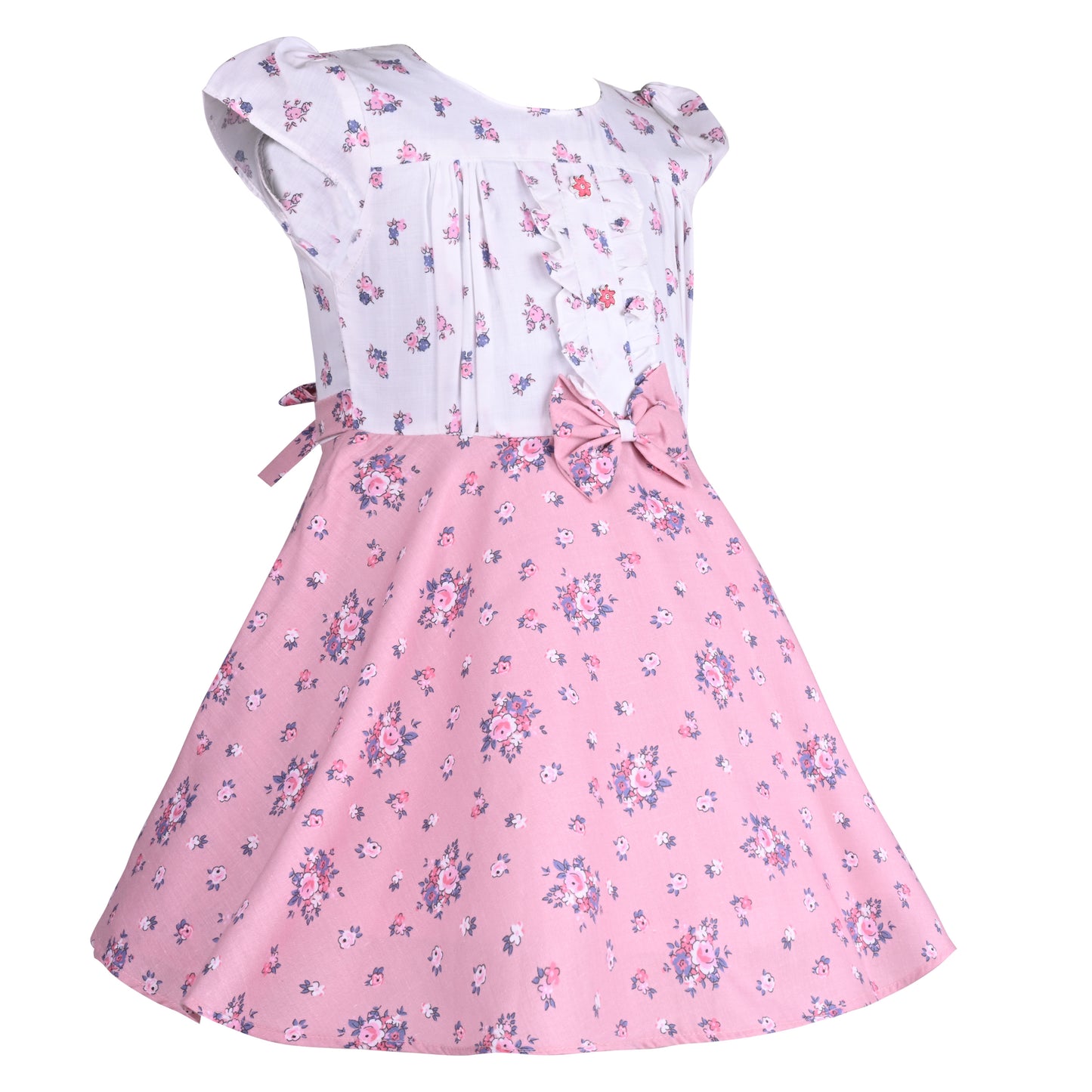 Girls Floral Print Cap Sleeve A-Line Frock Dress