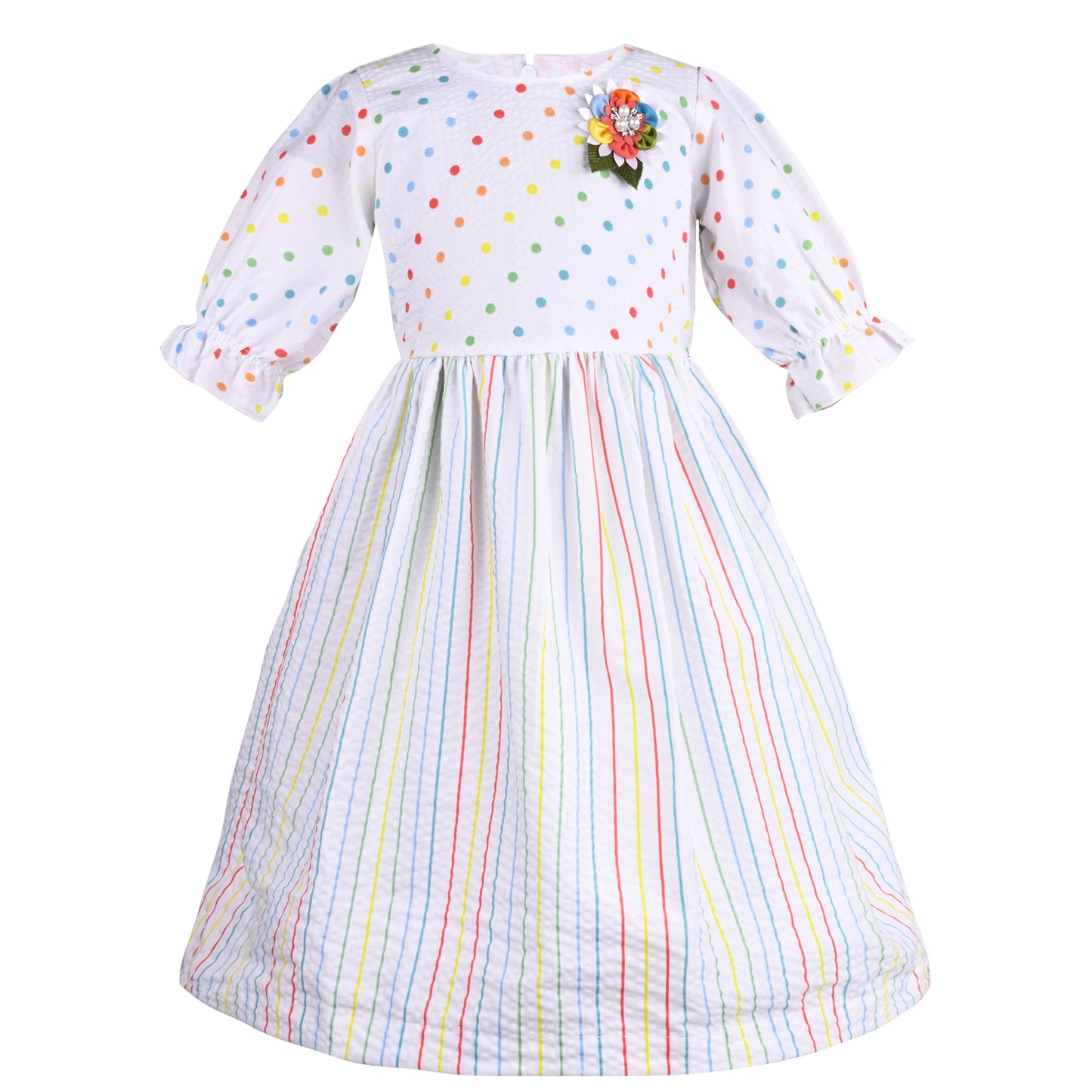Girls Polka Print and Striped A-Line Frock Dress