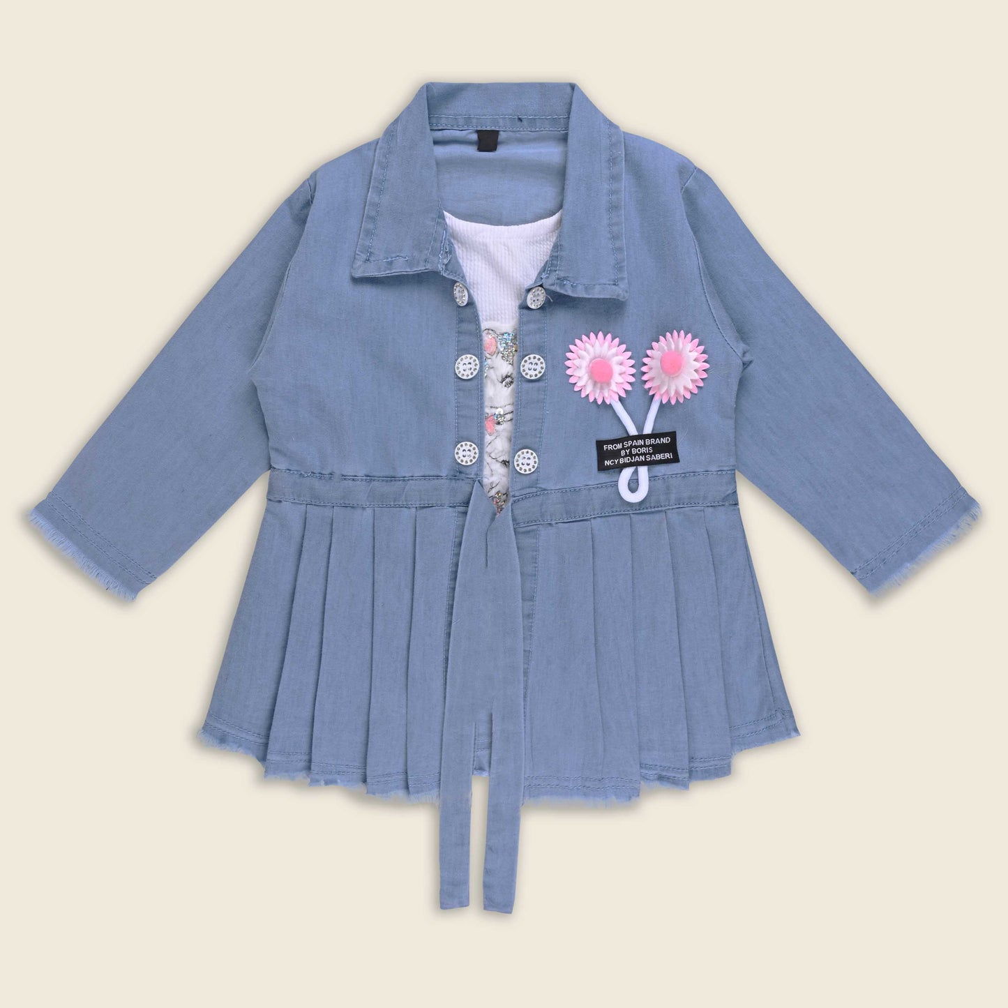 Girls Denim Pleated Casual Top with Floral Detail