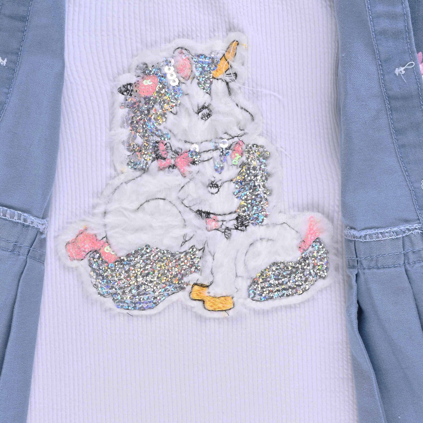 Girls Denim Pleated Casual Top with Floral Detail