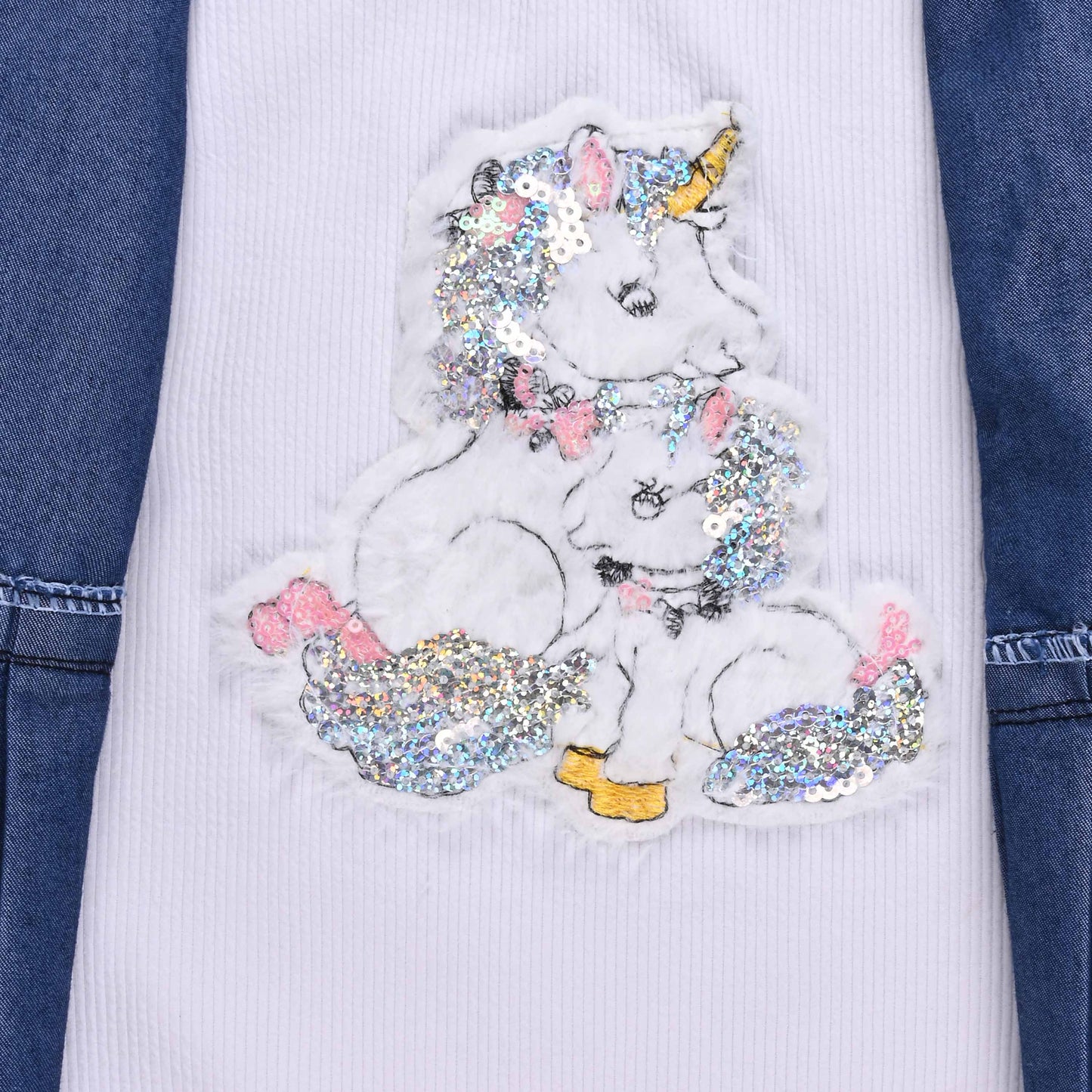 Girls Denim Pleated Casual Top with Floral Detail