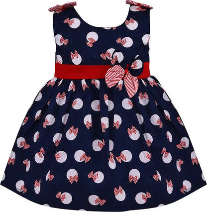Girls Cotton Printed Bow Flared Dress