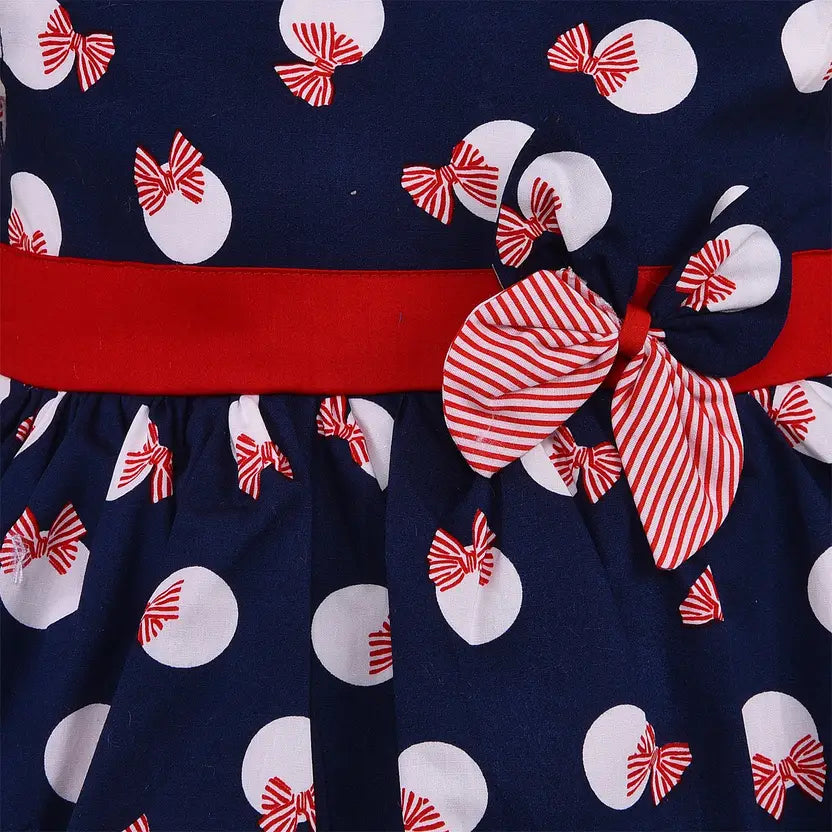 Girls Cotton Printed Bow Flared Dress