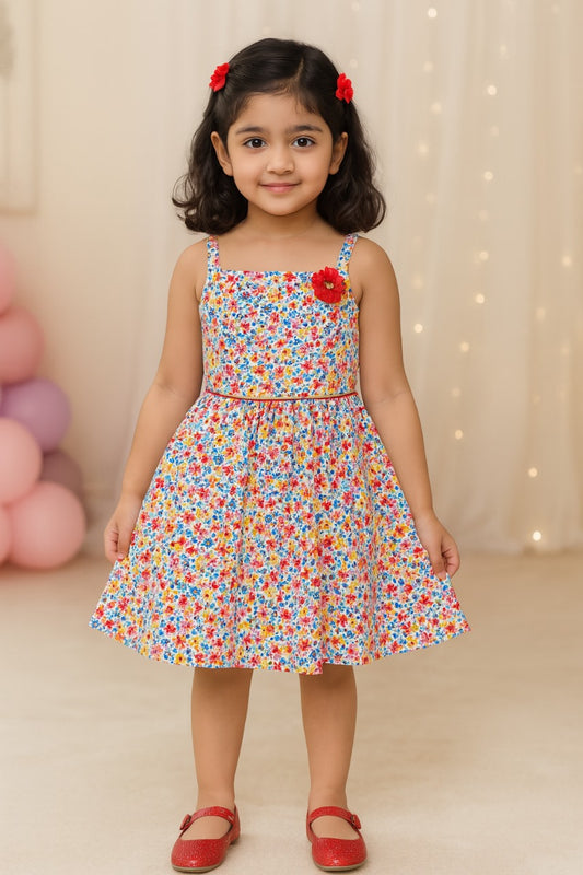Girls Floral Printed A-line Strap neck dress