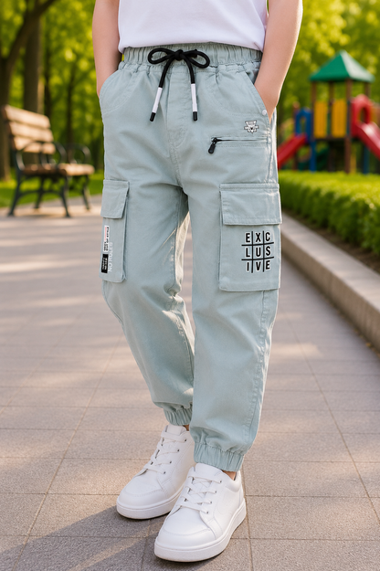 Boys Cotton Denim Cargo Joggers Printed Pants