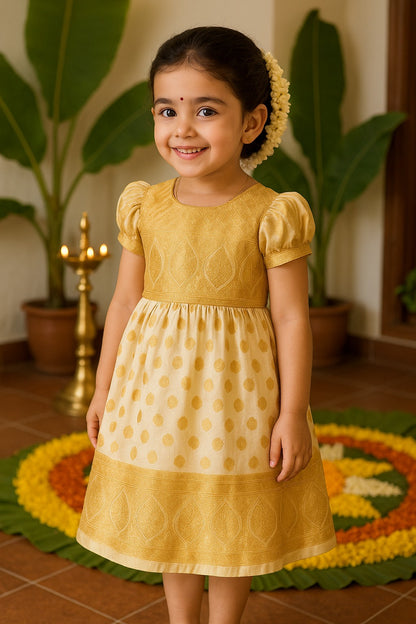 Baby Girls Golden Zari Pleated Onam Frock Dress