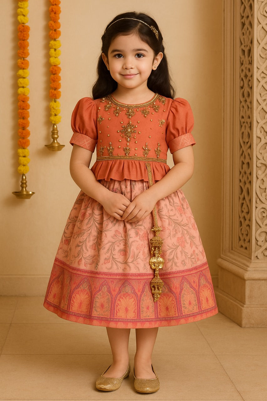 Girls Floral Art Silk with Puff Sleeves & Bead Work Festive Dress