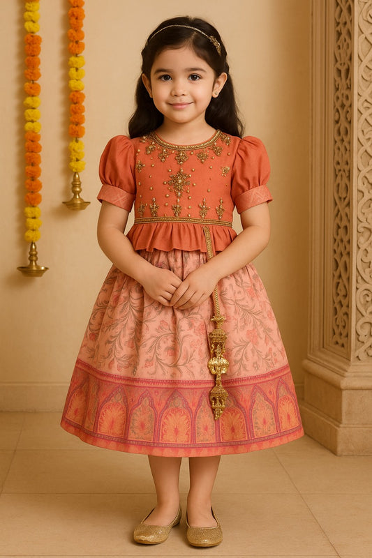 Girls Floral Art Silk with Puff Sleeves & Bead Work Festive Dress
