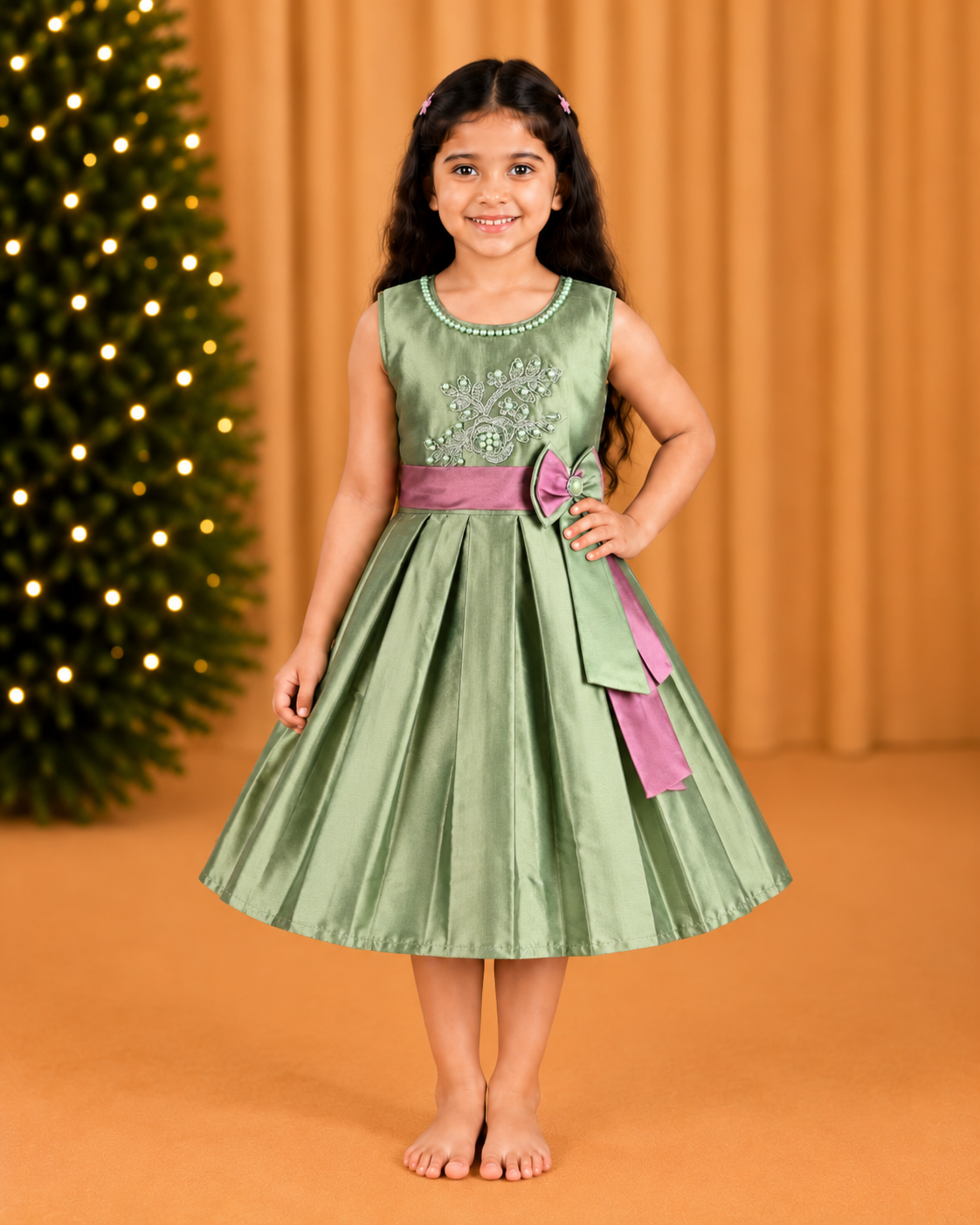 Girls Pleated Bow Pearl Embellished Party Dress