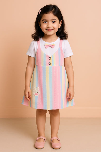 Girls Pastel Striped Print Dress with Briefs Set