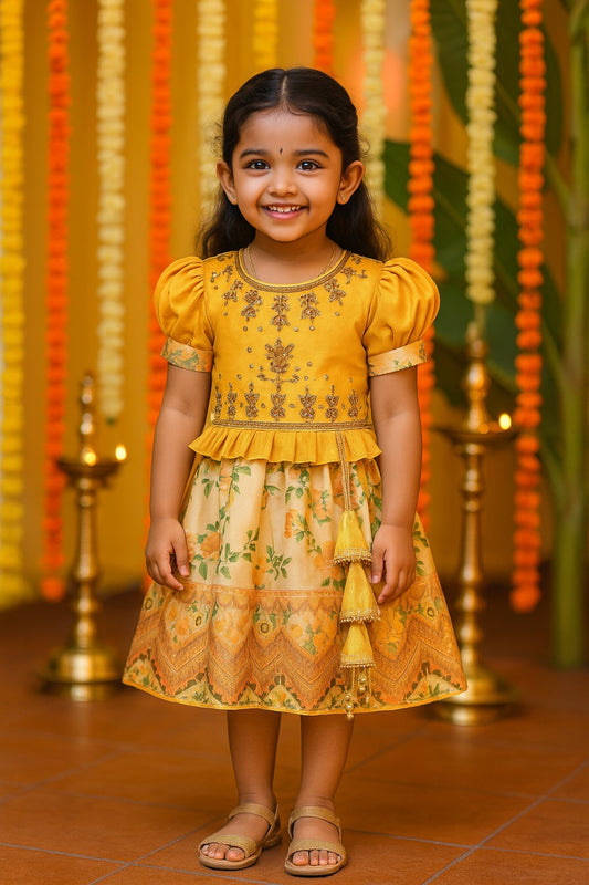 Girls Bead Embellished Printed Silk Ethnic Dress