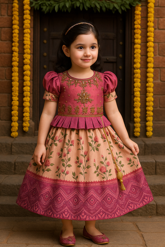 Girls Bead Embellished Printed Silk Ethnic Dress