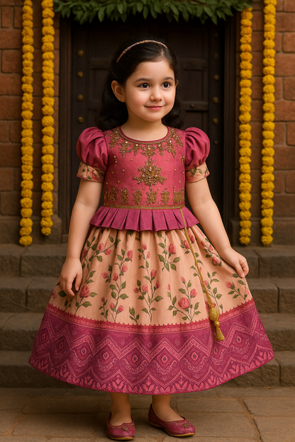 Girls Bead Embellished Printed Silk Ethnic Dress