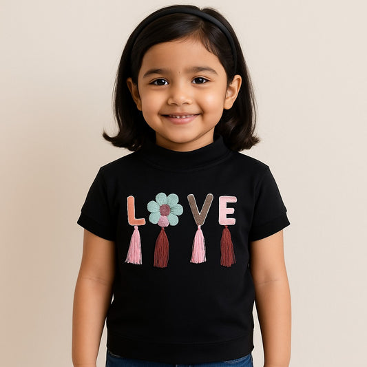 Girls High Neck Cotton T-shirt with Love Embroidery & Tassel Detailing