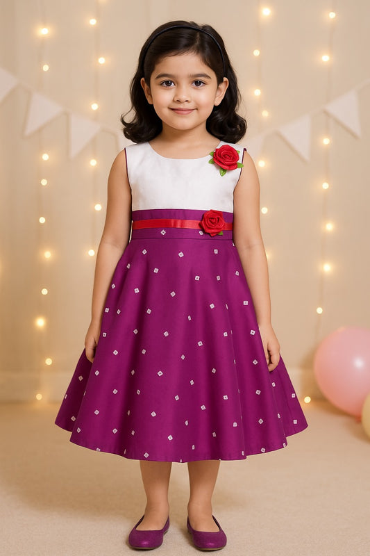 Girls Cotton Printed Summer Dress with Floral Applique