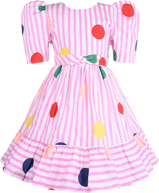 Girls Cotton Striped Polka Print Summer Dress