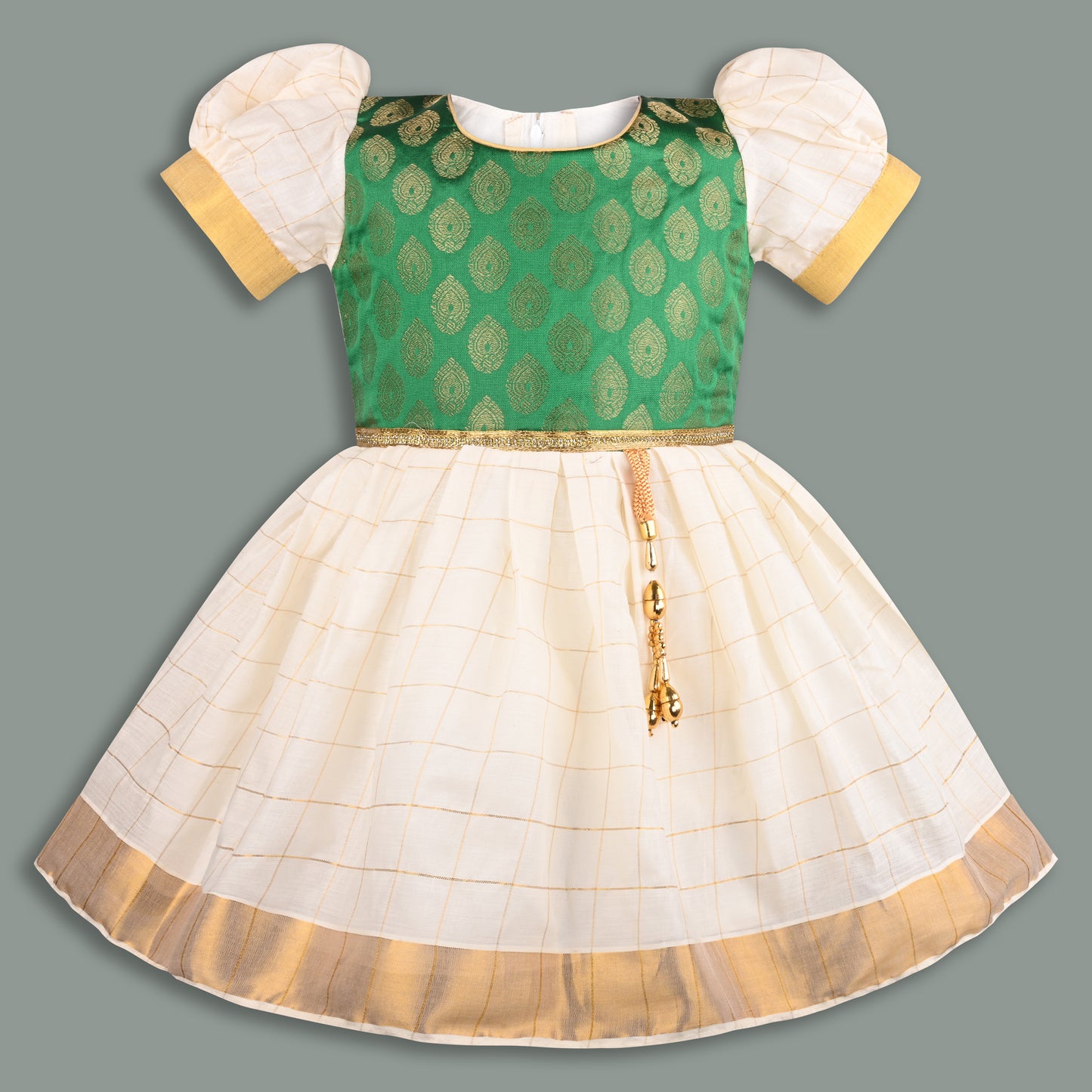 Baby Girls Onam Art Silk Pattu Dress with Puff Sleeves & Golden Zari Border