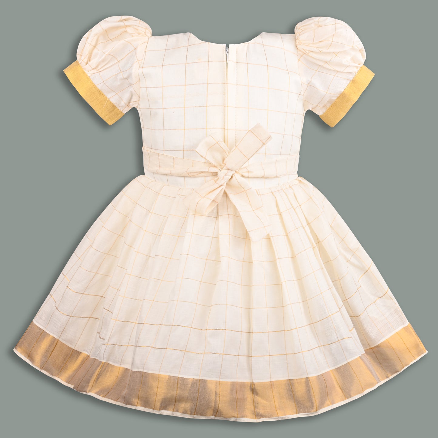 Baby Girls Onam Art Silk Pattu Dress with Puff Sleeves & Golden Zari Border