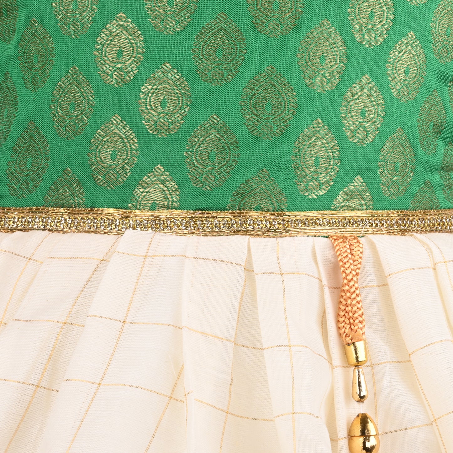 Baby Girls Onam Art Silk Pattu Dress with Puff Sleeves & Golden Zari Border