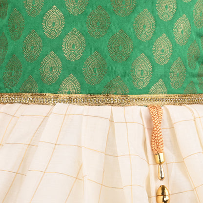 Baby Girls Onam Art Silk Pattu Dress with Puff Sleeves & Golden Zari Border
