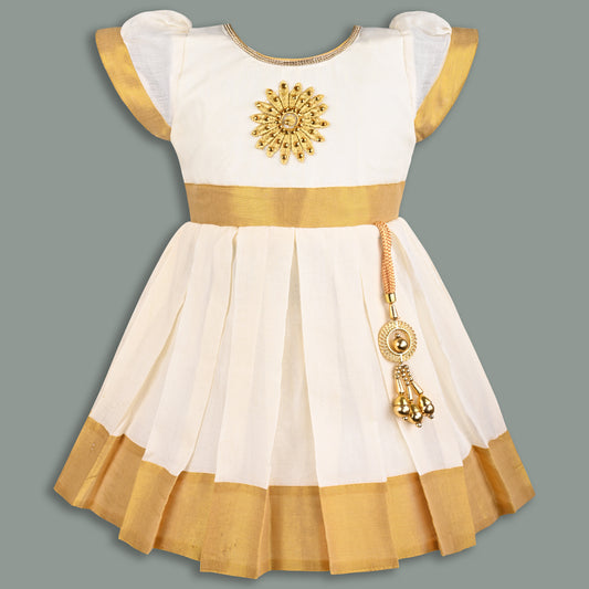 Baby Girls Onam Cotton Pattu Dress with Gold Border & Embellished Yoke