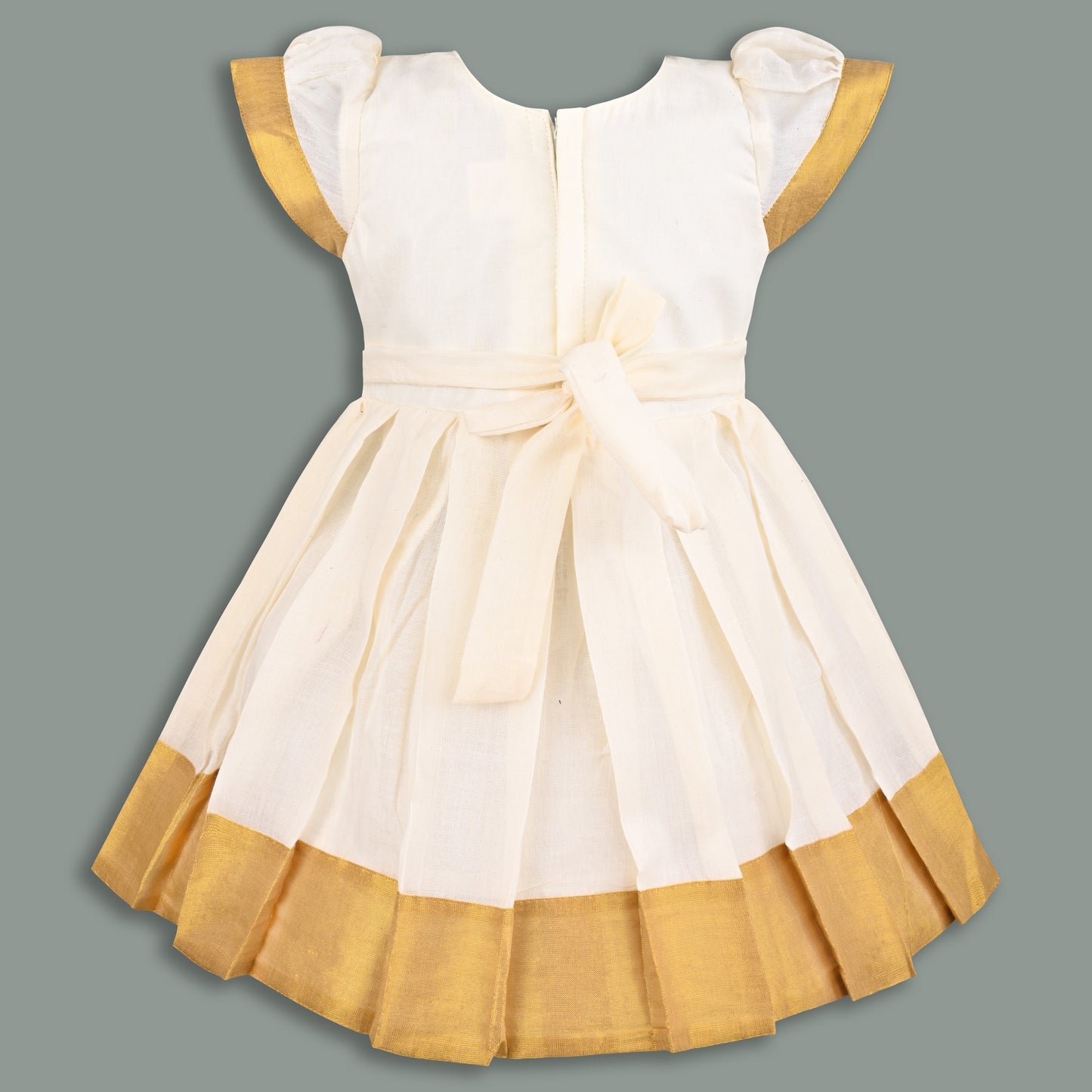 Baby Girls Onam Cotton Pattu Dress with Gold Border & Embellished Yoke