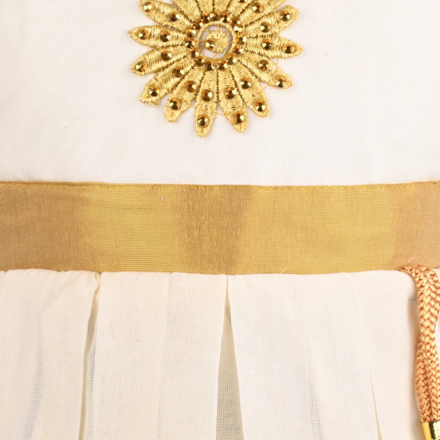 Baby Girls Onam Cotton Pattu Dress with Gold Border & Embellished Yoke