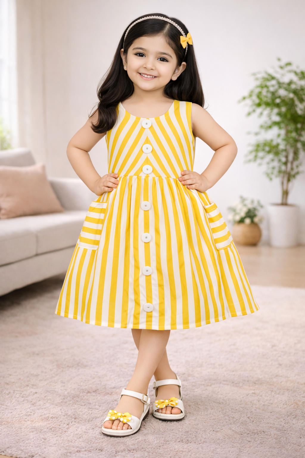 Girls Yellow & White Striped Button-Down Dress