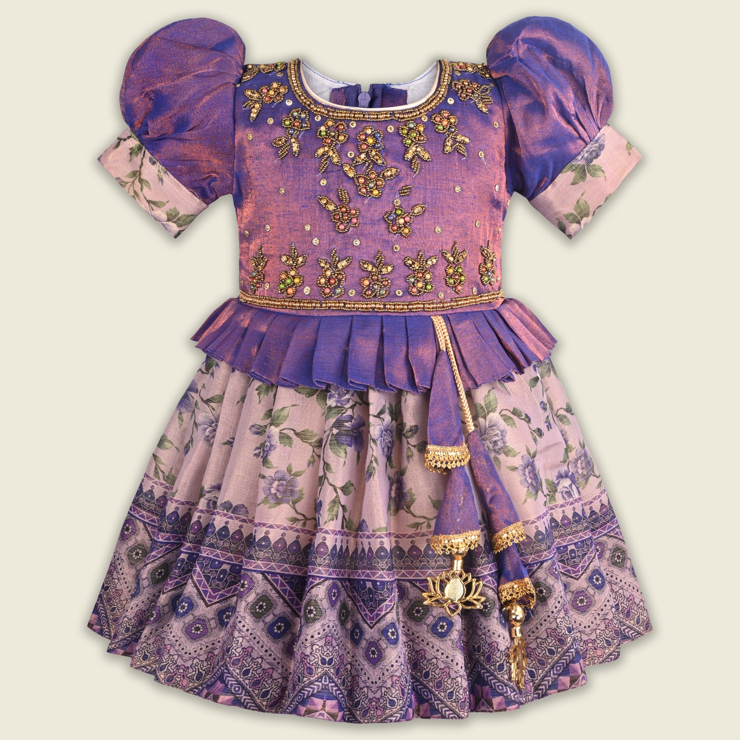 Girls Bead Embellished Printed Silk Ethnic Dress - 1