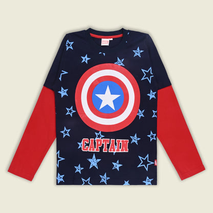 Boys Cotton Blend Captain America Printed Full Sleeve T-Shirt | Marvel Superhero Top