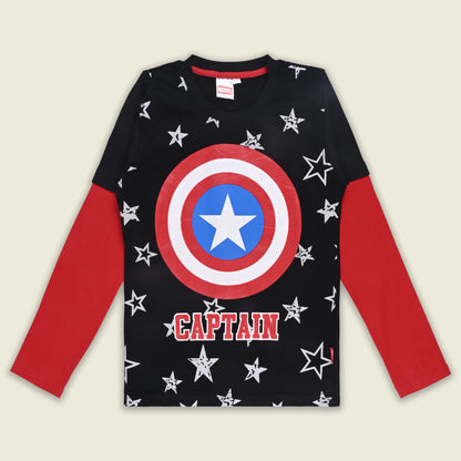 Boys Cotton Blend Captain America Printed Full Sleeve T-Shirt | Marvel Superhero Top