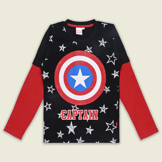 Boys Cotton Blend Captain America Printed Full Sleeve T-Shirt | Marvel Superhero Top