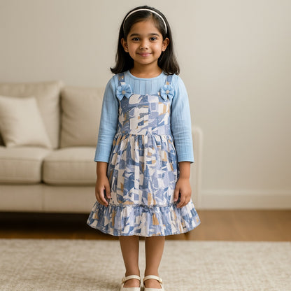 Girls Abstract Print T-shirt and Pinafore Dungaree Dress Set