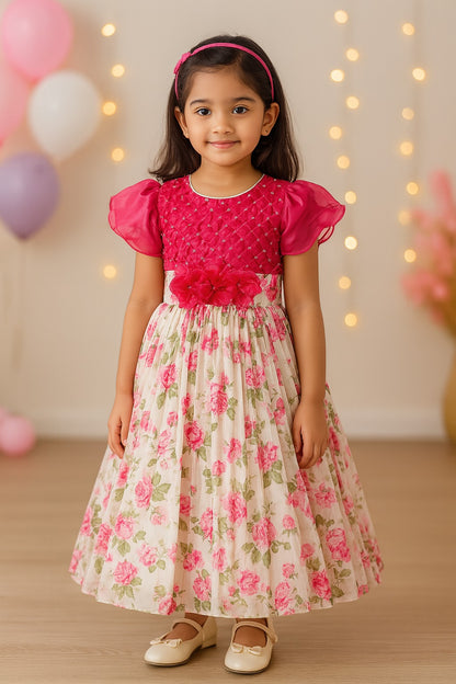 Girls Floral Embellished Printed Party Dress