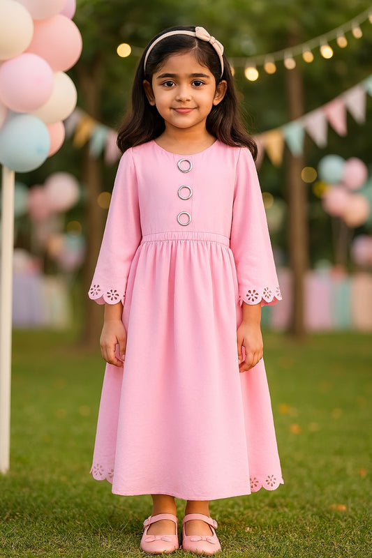 Girls Solid Kimono Sleeve Fit and Flare Frock Dress