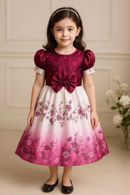 Girls Embellished Floral Print Pleated Party Dress