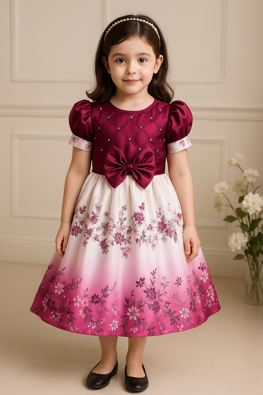 Girls Floral Embellished Bow Detail Pleated Satin Dress