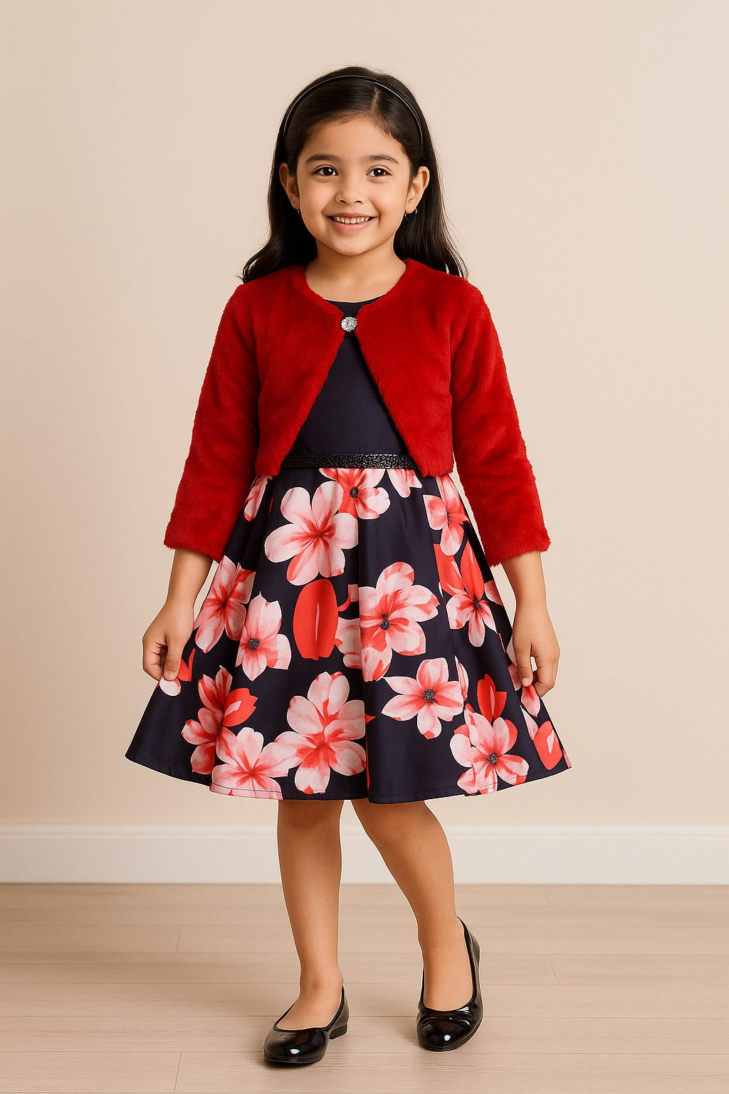 Girls Full Sleeve Floral Print A-Line Frock Dress