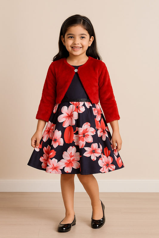 Girls Full Sleeve Floral Print A-Line Frock Dress
